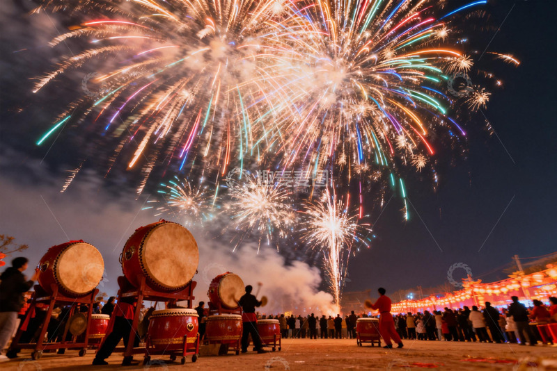 高清大图下载【趣麦麦图】夜空烟花绽放鼓乐齐鸣
