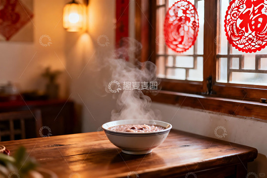 热气腾腾的粥与中式窗花