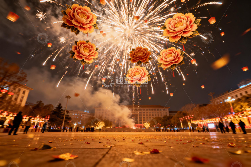 高清大图下载【趣麦麦图】夜空烟花绽放广场热闹非凡