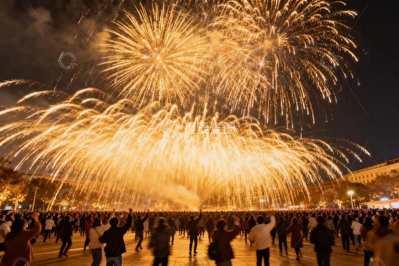 高清大图下载【趣麦麦图】夜空烟花绽放人群欢庆