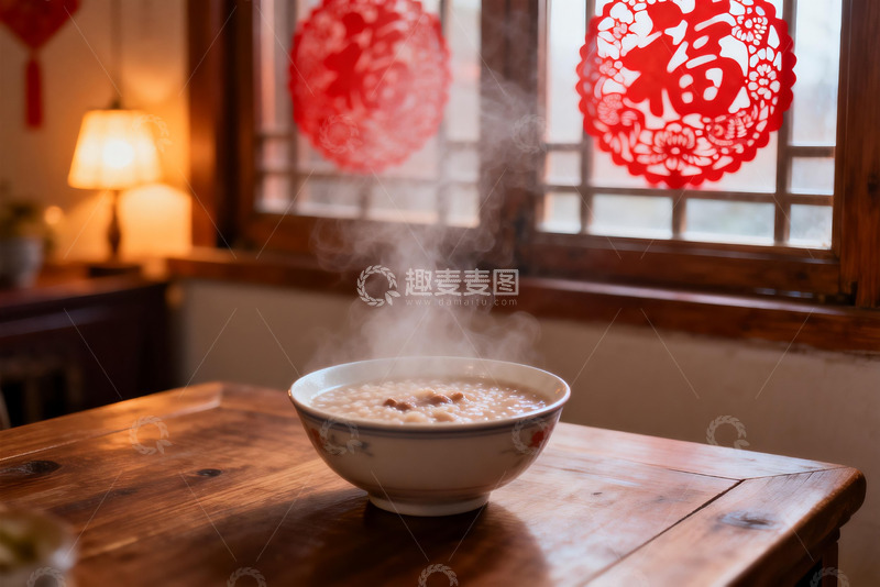 高清大图下载【趣麦麦图】热气腾腾的粥与窗花装饰