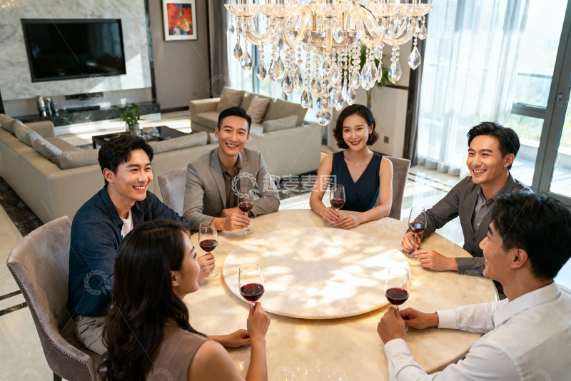 高清大图下载【趣麦麦图】六人围桌红酒聚餐欢笑