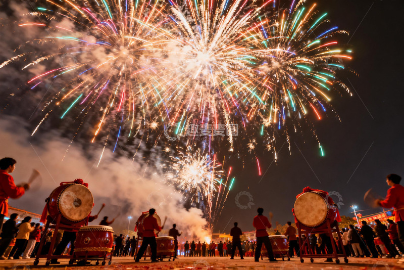 高清大图下载【趣麦麦图】夜空烟花绽放鼓乐齐鸣