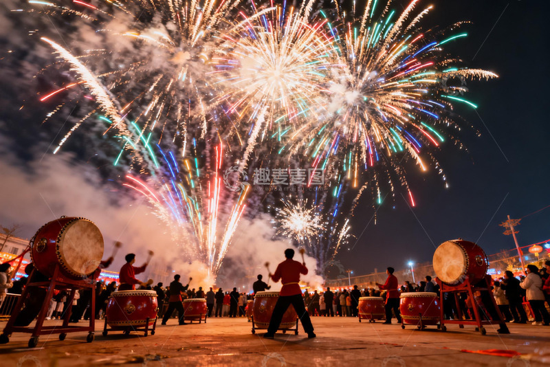 高清大图下载【趣麦麦图】夜空烟花绽放鼓乐齐鸣