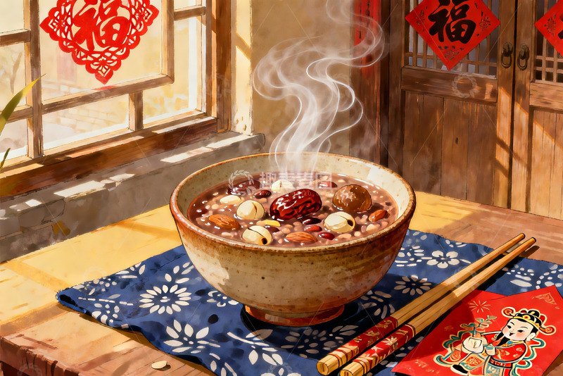 高清大图下载【趣麦麦图】热气腾腾的腊八粥与传统窗花
