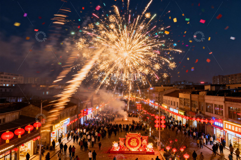 高清大图下载【趣麦麦图】夜街烟花绽放人群欢聚