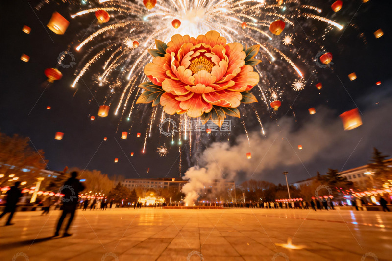 高清大图下载【趣麦麦图】夜空烟花绽放花灯飘飞