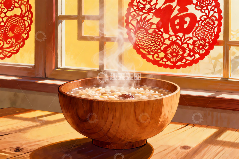 高清大图下载【趣麦麦图】窗边热气腾腾的木碗食物