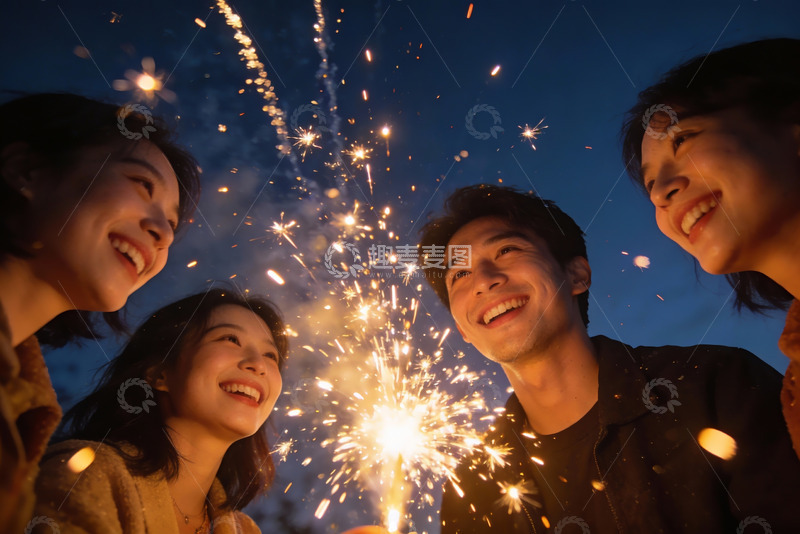 高清大图下载【趣麦麦图】烟花夜空中四人欢笑