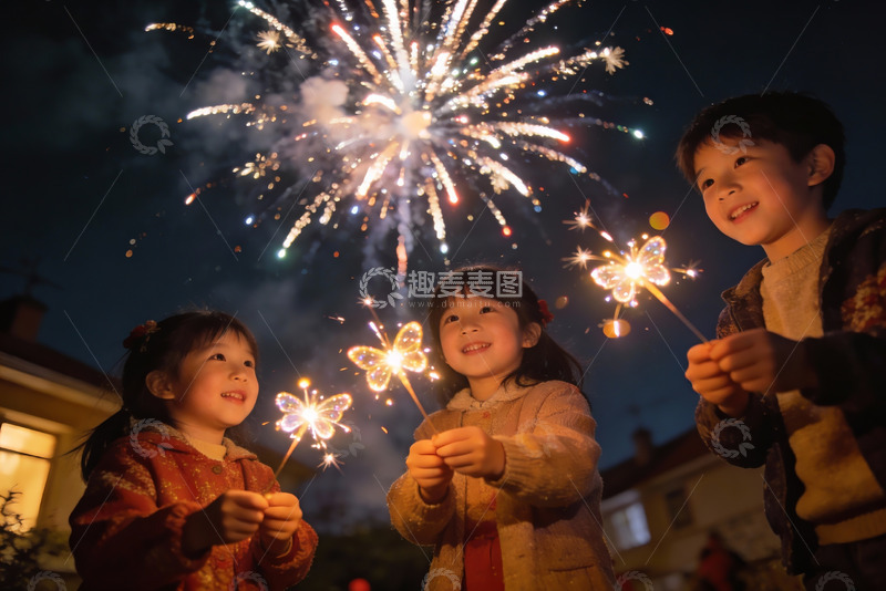 高清大图下载【趣麦麦图】儿童手持烟花夜空绽放
