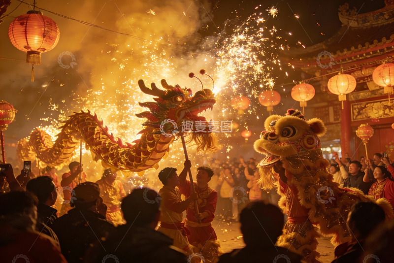 高清大图下载【趣麦麦图】夜市舞龙舞狮烟花表演