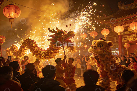 夜市舞龙舞狮烟花表演