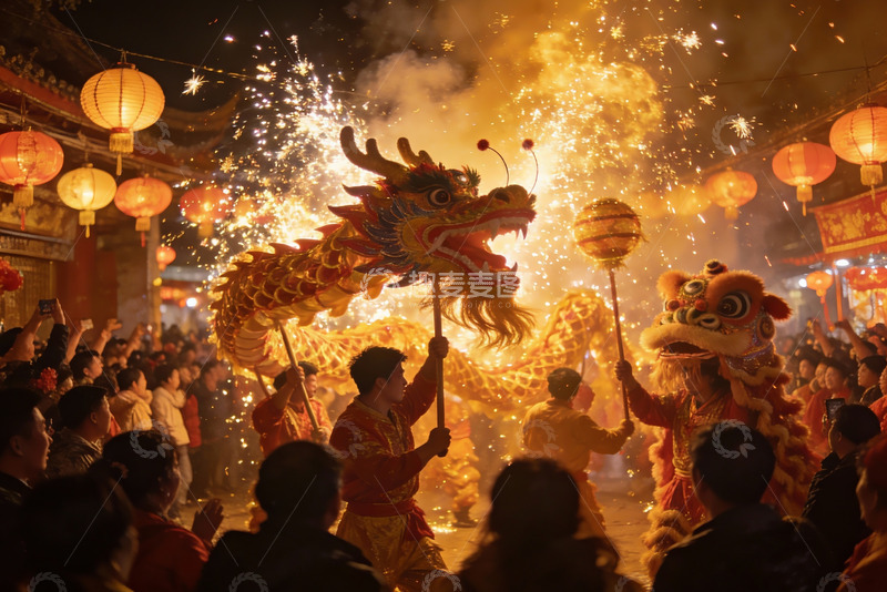 高清大图下载【趣麦麦图】夜市舞龙舞狮烟花表演