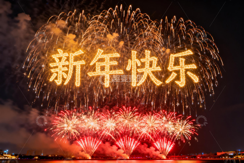 高清大图下载【趣麦麦图】夜空中绽放的烟花与新年祝福
