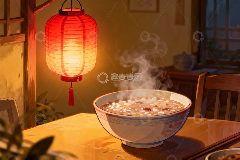 高清大图下载【趣麦麦图】暖光灯笼下的热气粥