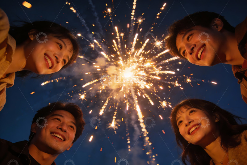 高清大图下载【趣麦麦图】四人仰望烟花笑脸