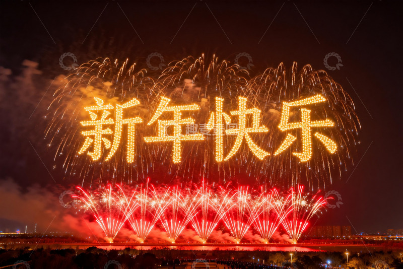 高清大图下载【趣麦麦图】夜空中绽放的烟花与新年祝福