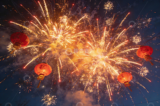 夜空烟花绽放灯笼高挂