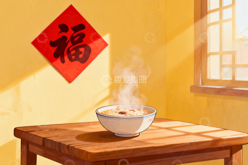 高清大图下载【趣麦麦图】热气腾腾的粥与福字装饰
