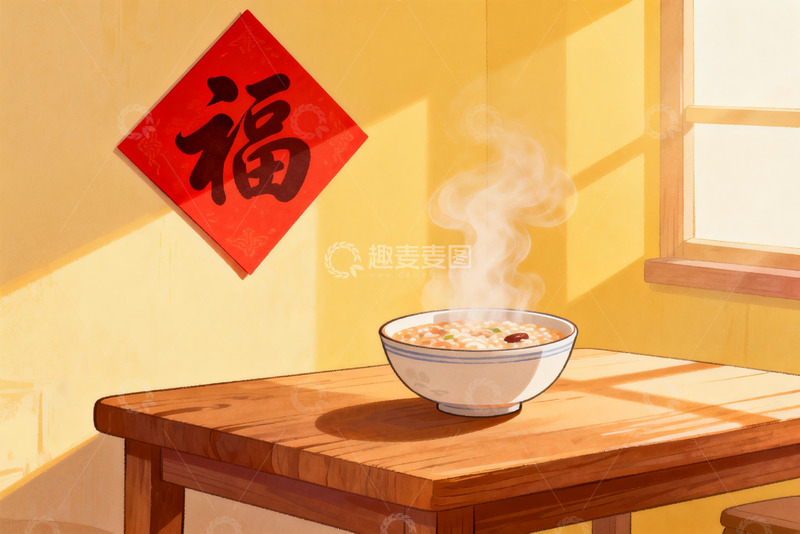 高清大图下载【趣麦麦图】热气腾腾的粥与福字装饰
