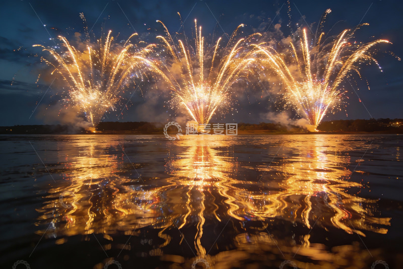 高清大图下载【趣麦麦图】夜空烟花倒映水面绚丽绽放