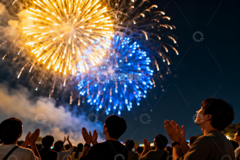高清大图下载【趣麦麦图】夜空烟花绽放人群观赏盛景
