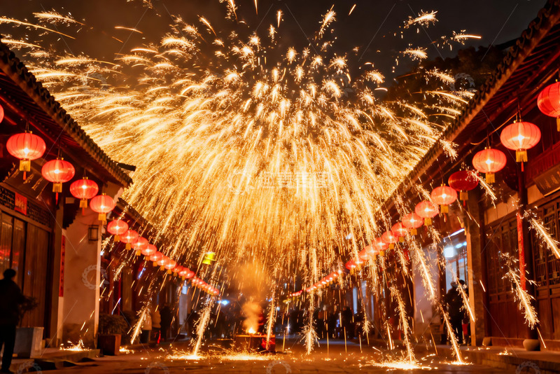 高清大图下载【趣麦麦图】夜空烟花绽放古街红灯笼