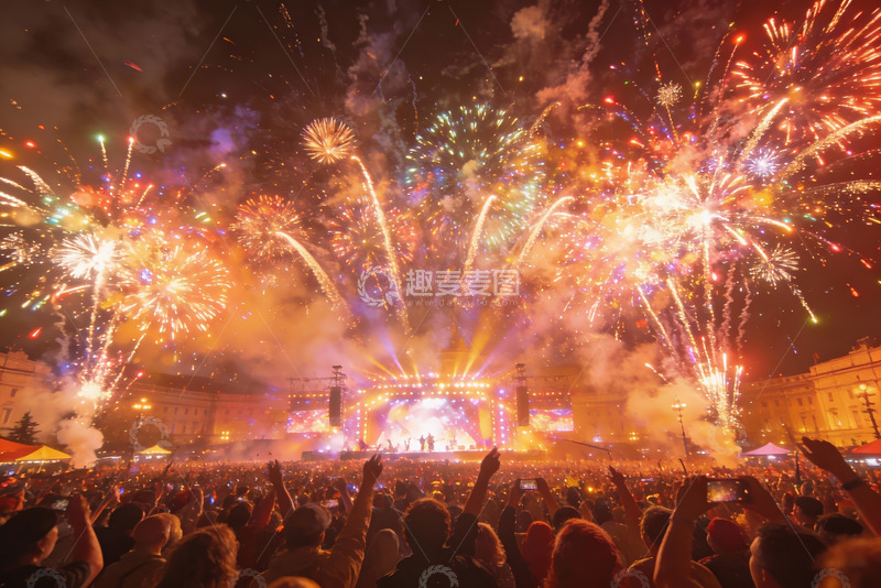 高清大图下载【趣麦麦图】夜空烟花绽放人群欢庆