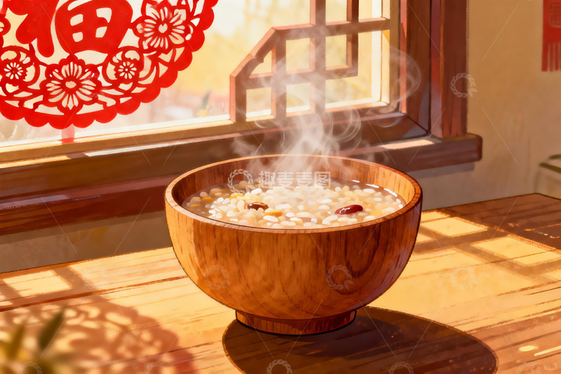 高清大图下载【趣麦麦图】窗边热气腾腾的木碗粥