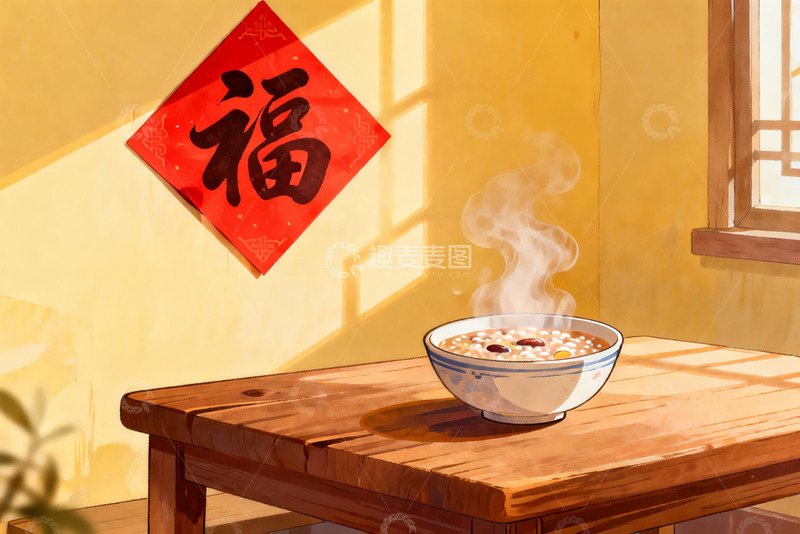高清大图下载【趣麦麦图】暖阳下的热粥与福字装饰