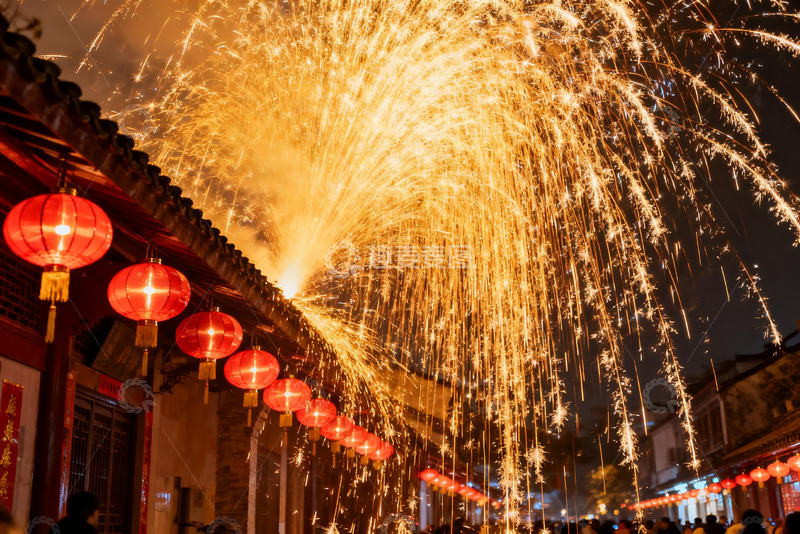 高清大图下载【趣麦麦图】夜空中绽放的烟花与红灯笼