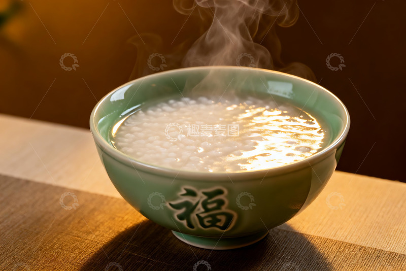 高清大图下载【趣麦麦图】热气腾腾的福字瓷碗粥