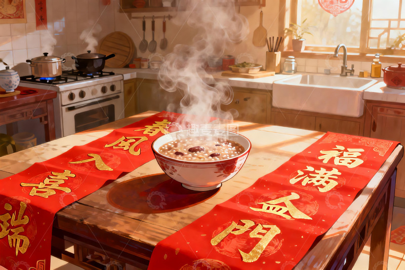 高清大图下载【趣麦麦图】厨房餐桌热气腾腾的粥