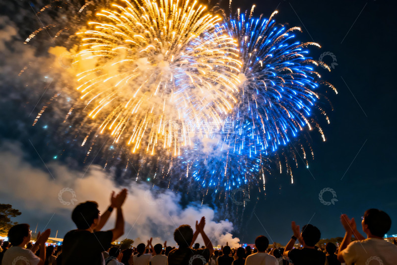 高清大图下载【趣麦麦图】夜空烟花绽放人群欢呼