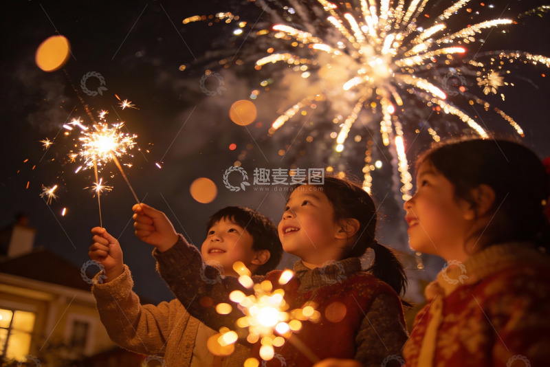 高清大图下载【趣麦麦图】儿童手持烟花仰望夜空