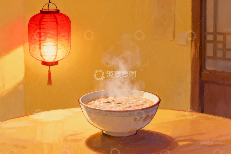高清大图下载【趣麦麦图】暖黄灯光下热气腾腾的粥