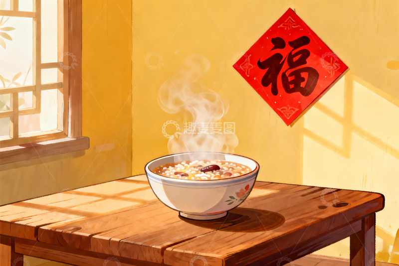 高清大图下载【趣麦麦图】热气腾腾的粥与福字装饰