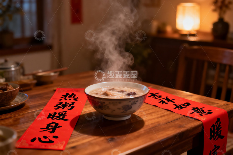 高清大图下载【趣麦麦图】热气腾腾的粥配红色春联