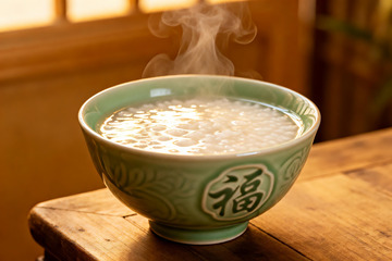 热气腾腾的米粥盛在青瓷碗中
