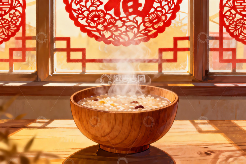 高清大图下载【趣麦麦图】热气腾腾的碗与窗花剪纸