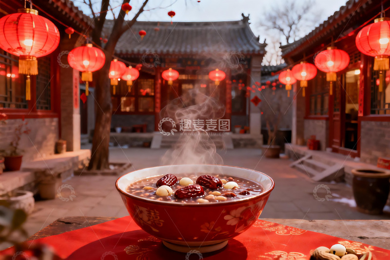 高清大图下载【趣麦麦图】古院红灯笼下热气腾腾的粥
