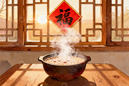 热气腾腾的锅物与窗前福字