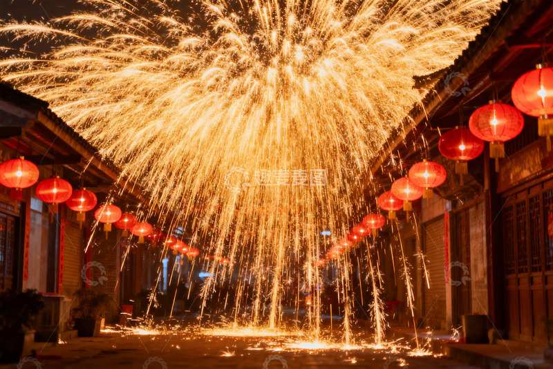 高清大图下载【趣麦麦图】夜空烟花绽放古街红灯笼