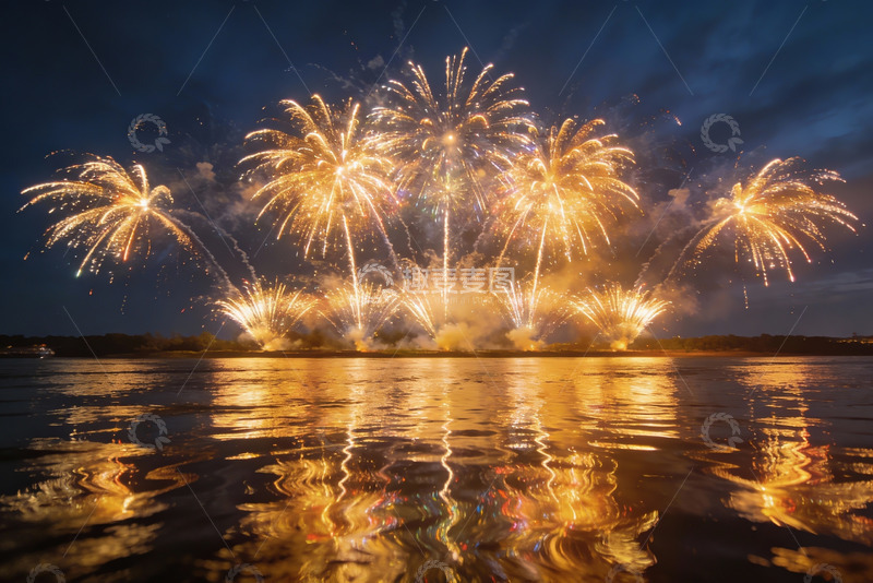 高清大图下载【趣麦麦图】夜空烟花绽放水面倒影