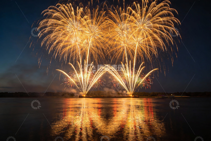 高清大图下载【趣麦麦图】夜空烟花绽放水面倒影绚丽