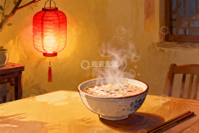高清大图下载【趣麦麦图】暖黄灯光下热气腾腾的粥