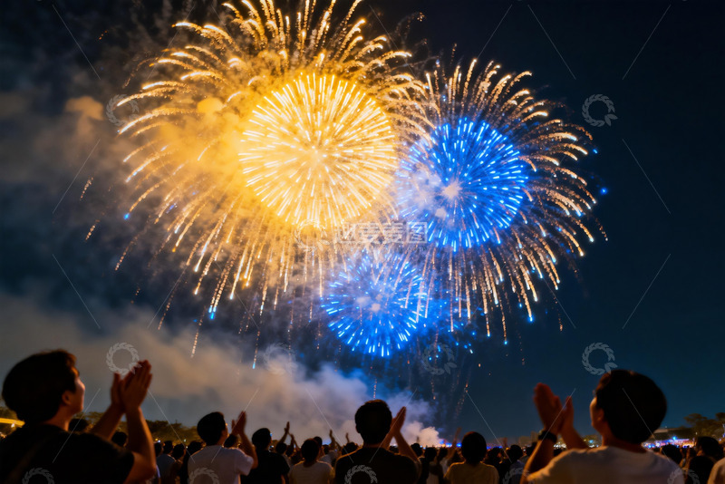 高清大图下载【趣麦麦图】夜空烟花绽放人群欢呼