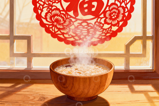 窗边热气腾腾的木碗食物