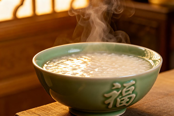 热气腾腾的福字瓷碗粥