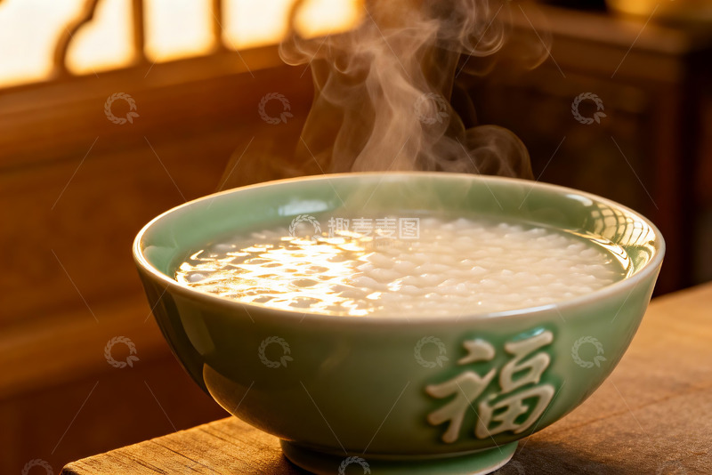 高清大图下载【趣麦麦图】热气腾腾的福字瓷碗粥